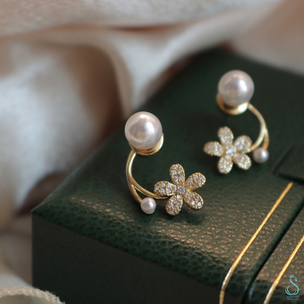 SUMMER 銀飾💫［925純銀］輕奢珍珠花鑽純銀耳環 /多變化佩戴-細節圖4