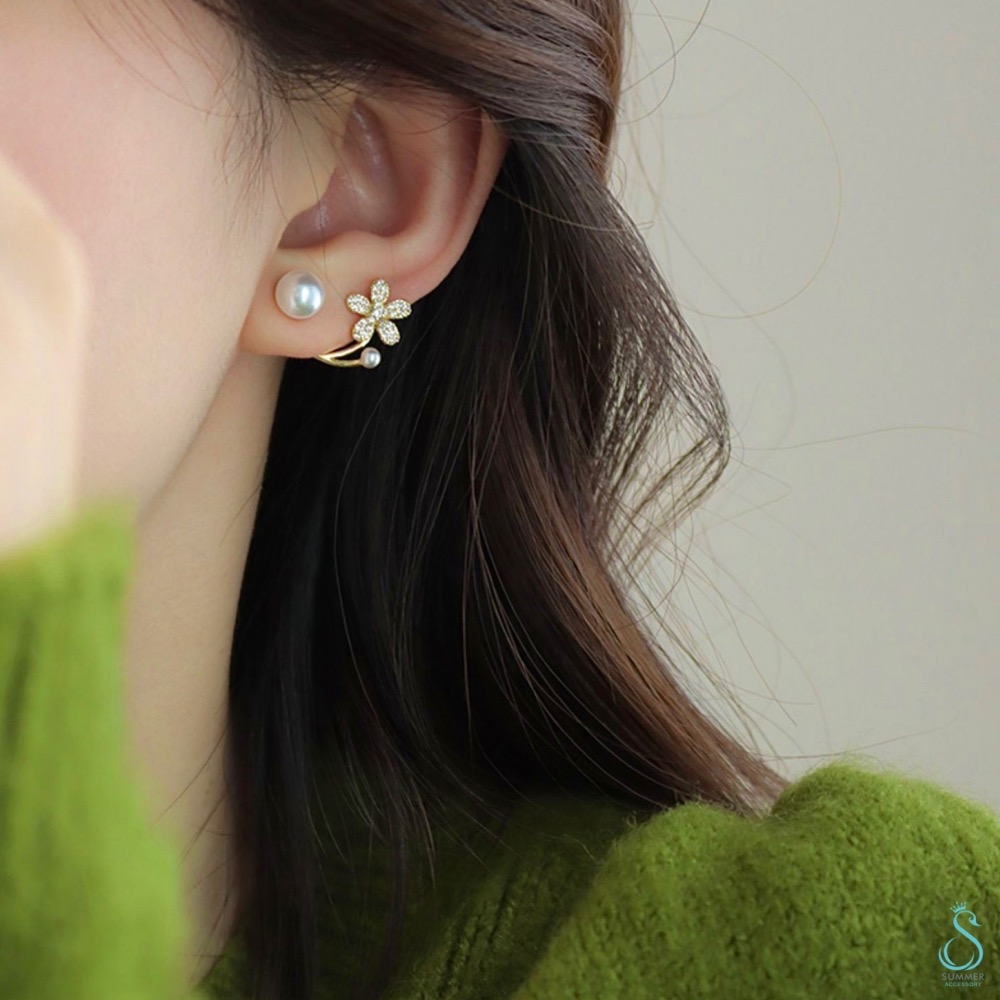 SUMMER 銀飾💫［925純銀］輕奢珍珠花鑽純銀耳環 /多變化佩戴-細節圖6