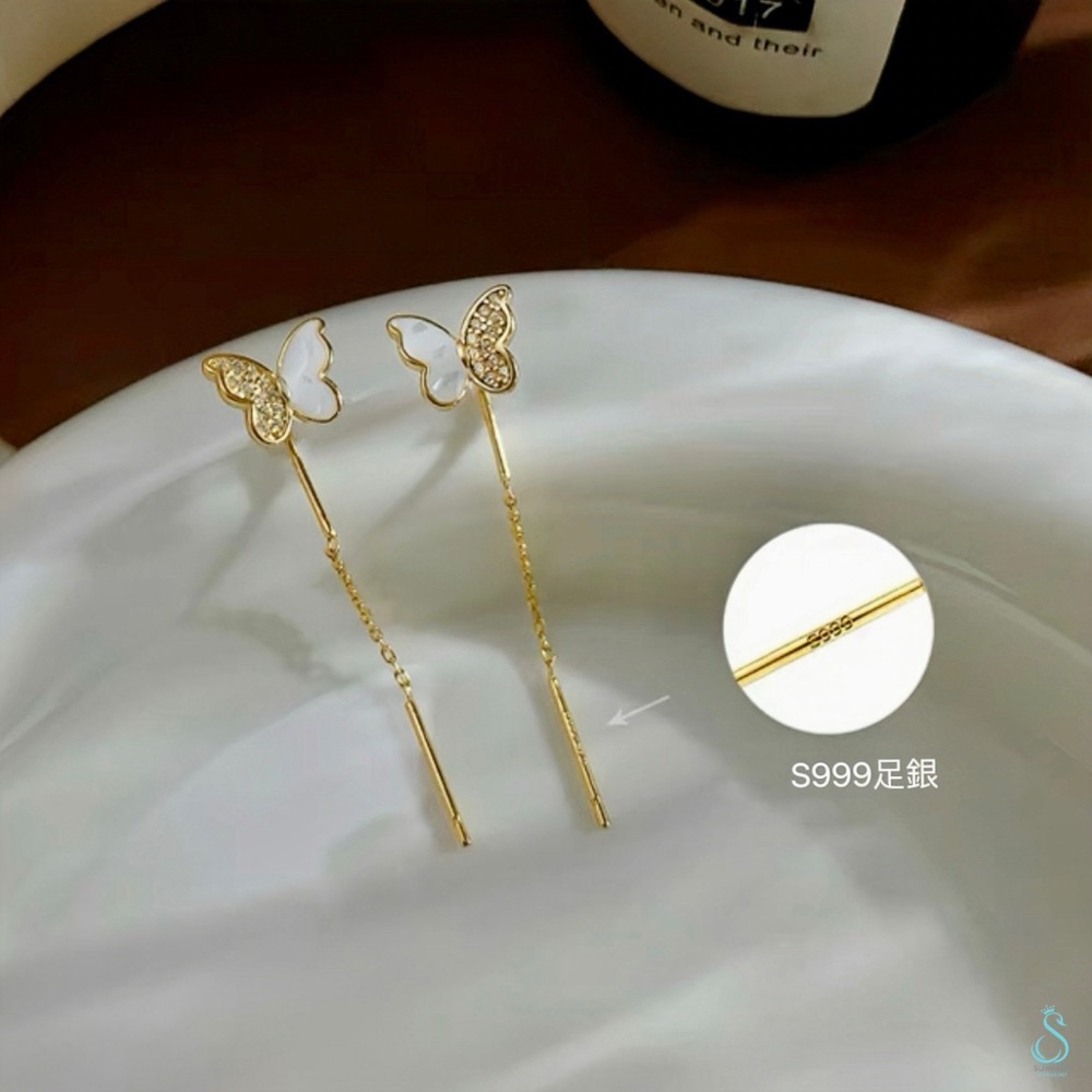 SUMMER 銀飾💫［999足銀］鑲鑽蝴蝶耳線 蝴蝶造型耳環 純銀耳環-細節圖5