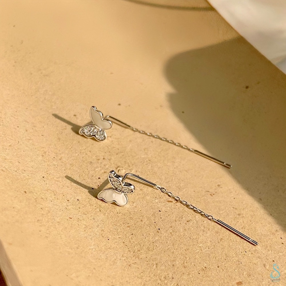 SUMMER 銀飾💫［999足銀］鑲鑽蝴蝶耳線 蝴蝶造型耳環 純銀耳環-細節圖8