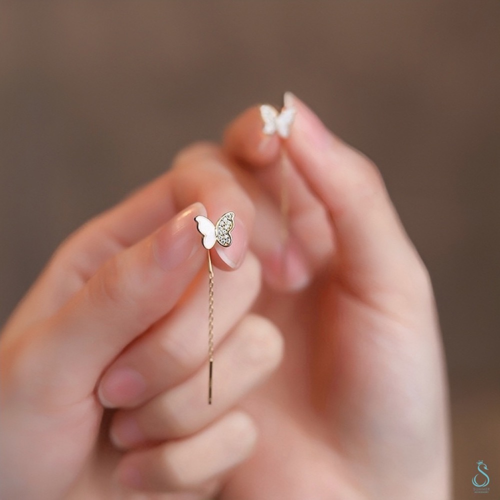 SUMMER 銀飾💫［999足銀］鑲鑽蝴蝶耳線 蝴蝶造型耳環 純銀耳環-細節圖4