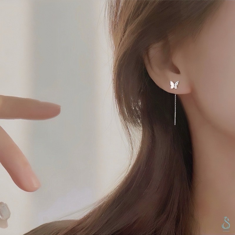 SUMMER 銀飾💫［999足銀］鑲鑽蝴蝶耳線 蝴蝶造型耳環 純銀耳環-細節圖6