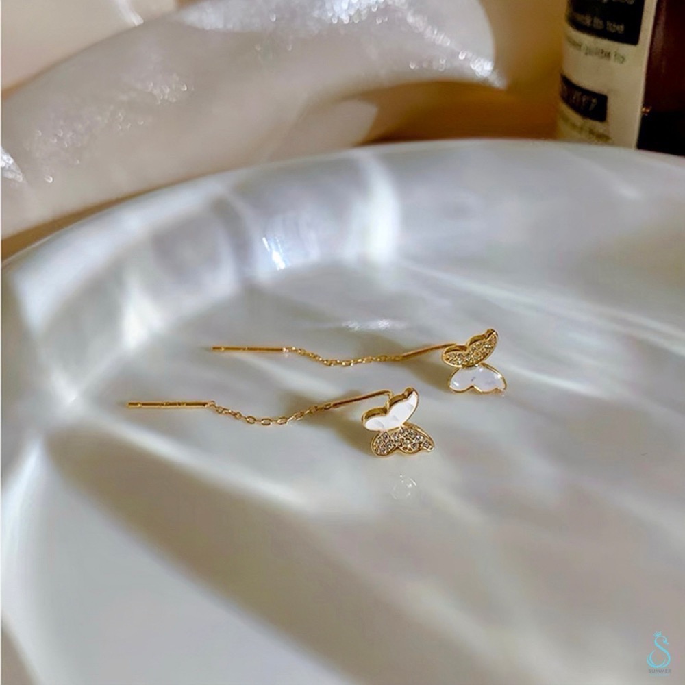SUMMER 銀飾💫［999足銀］鑲鑽蝴蝶耳線 蝴蝶造型耳環 純銀耳環-細節圖3