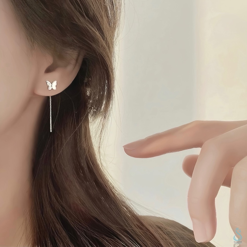 SUMMER 銀飾💫［999足銀］鑲鑽蝴蝶耳線 蝴蝶造型耳環 純銀耳環-細節圖7