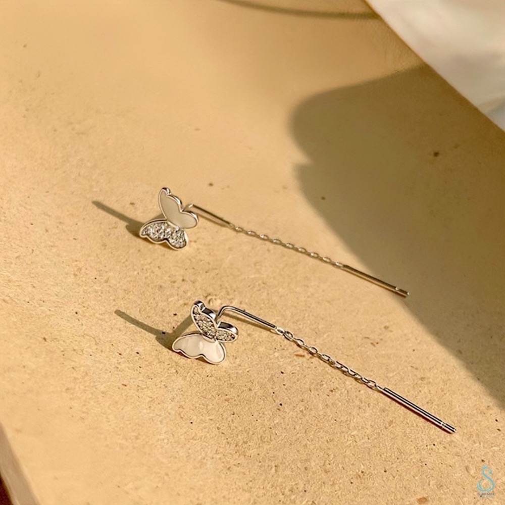 SUMMER 銀飾💫［999足銀］鑲鑽蝴蝶耳線 蝴蝶造型耳環 純銀耳環-細節圖8
