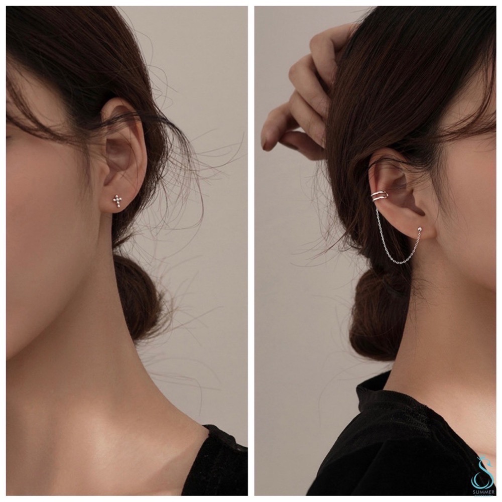 SUMMER 銀飾💫［925純銀］百搭款 十字鏈條耳骨夾 純銀耳環-細節圖3