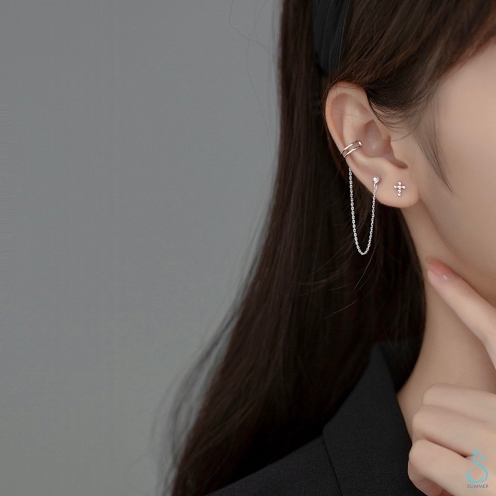 SUMMER 銀飾💫［925純銀］百搭款 十字鏈條耳骨夾 純銀耳環-細節圖6
