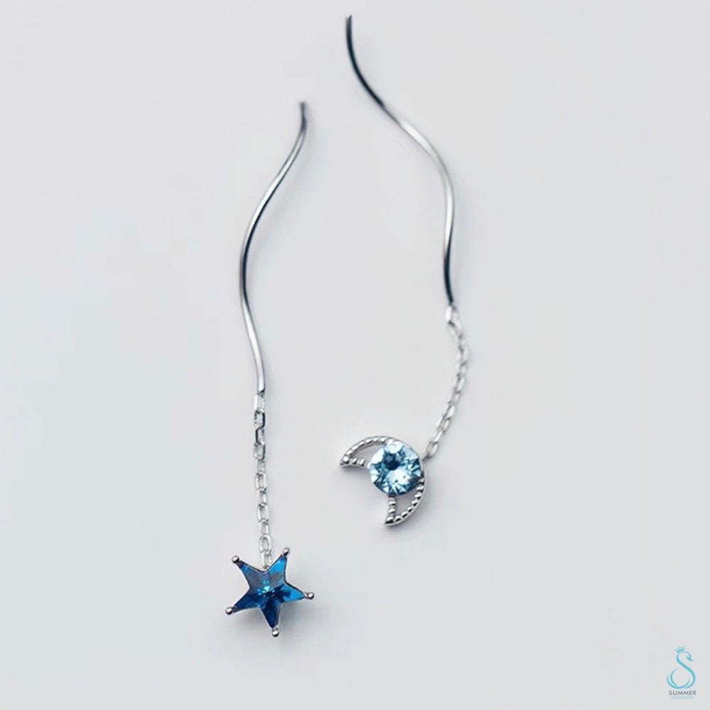 SUMMER 銀飾💫［925純銀］蔚藍星月⭐️🌙星月水晶耳線  純銀耳環 銀飾品-細節圖2