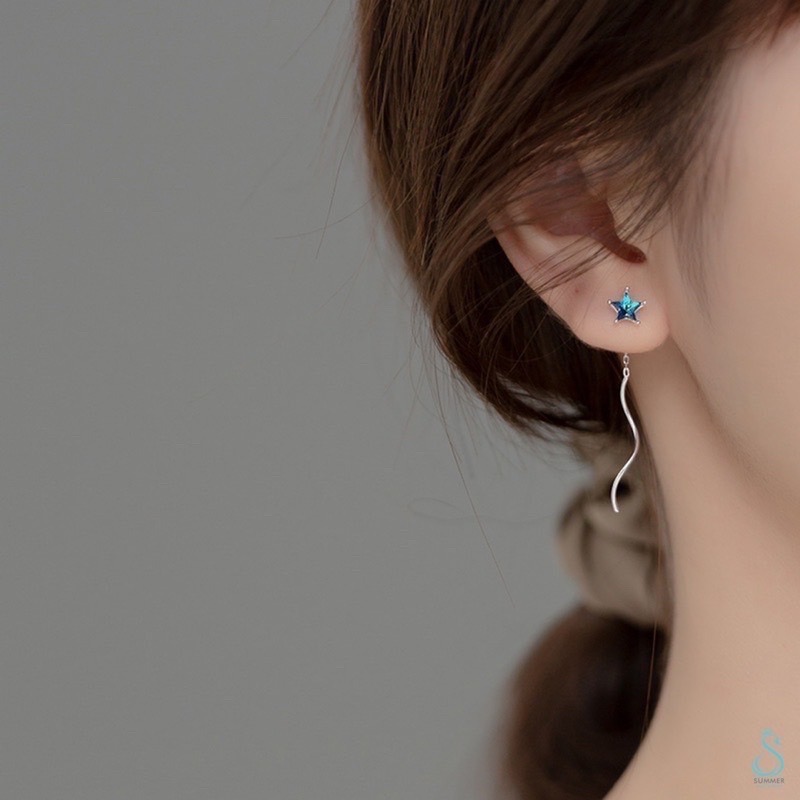 SUMMER 銀飾💫［925純銀］蔚藍星月⭐️🌙星月水晶耳線  純銀耳環 銀飾品-細節圖3