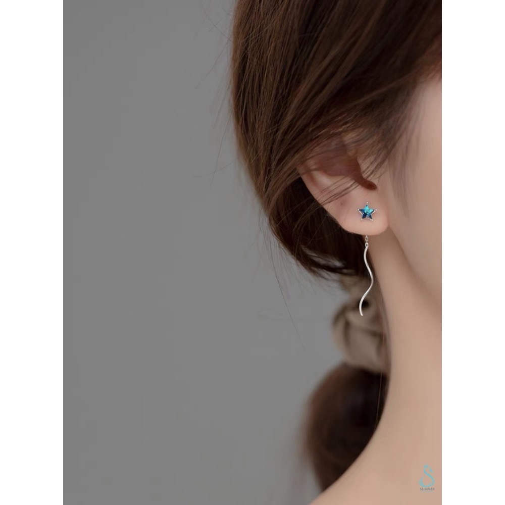 SUMMER 銀飾💫［925純銀］蔚藍星月⭐️🌙星月水晶耳線  純銀耳環 銀飾品-細節圖9