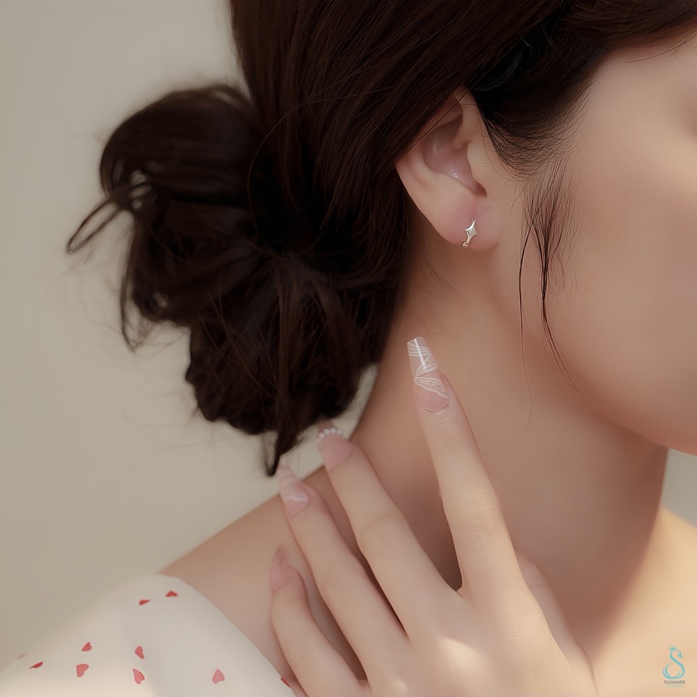 SUMMER 銀飾💫［999足銀］✨星芒耳扣耳環 耳骨環 四芒星純銀耳環 純銀飾品-細節圖4