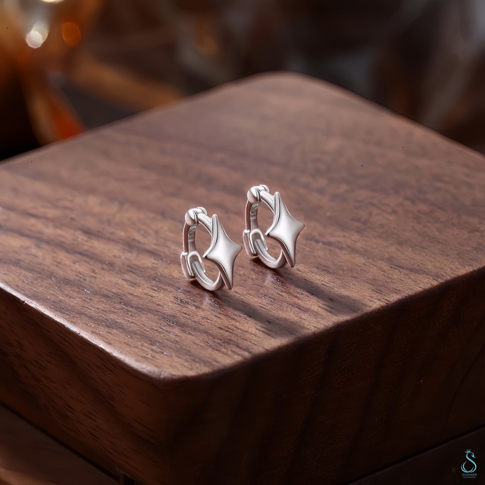 SUMMER 銀飾💫［999足銀］✨星芒耳扣耳環 耳骨環 四芒星純銀耳環 純銀飾品-細節圖5