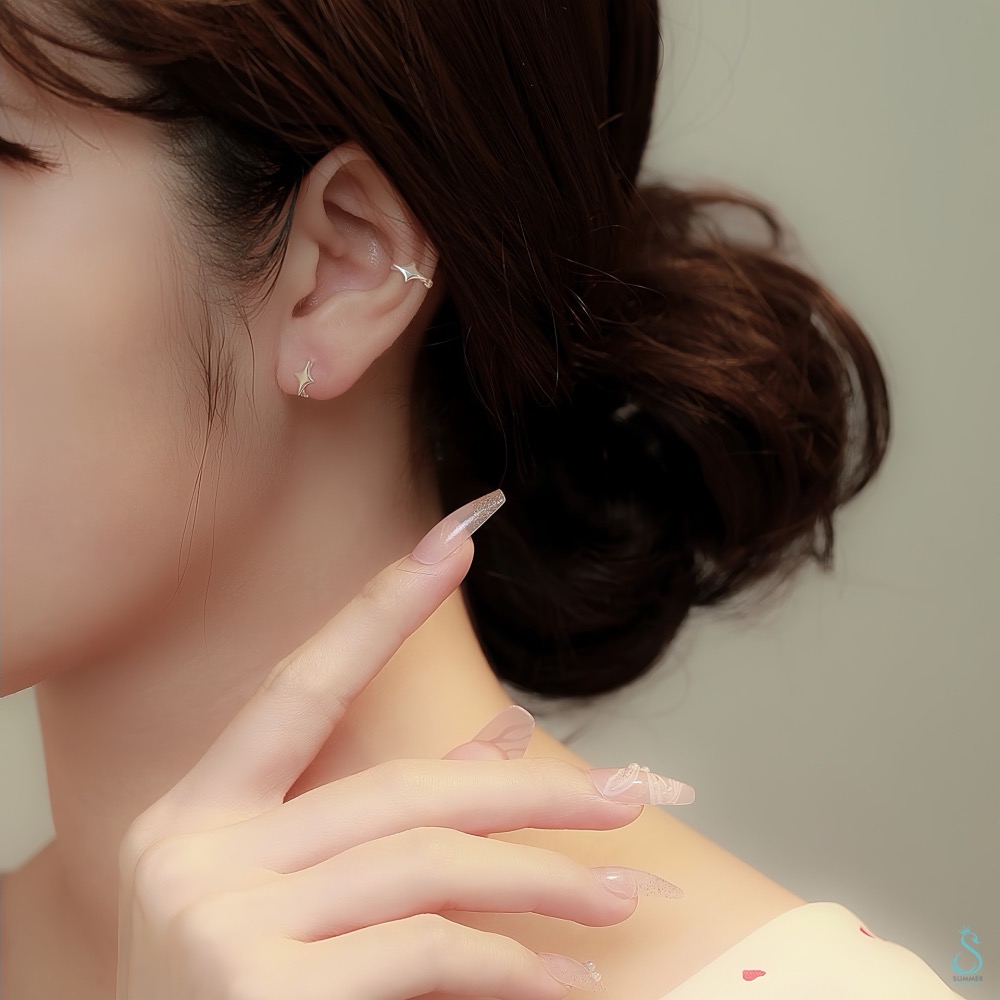 SUMMER 銀飾💫［999足銀］✨星芒耳扣耳環 耳骨環 四芒星純銀耳環 純銀飾品-細節圖8