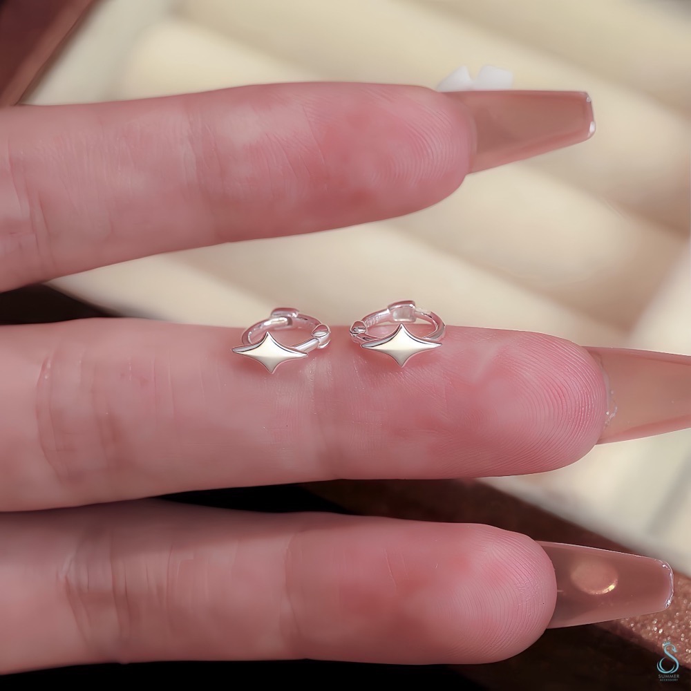 SUMMER 銀飾💫［999足銀］✨星芒耳扣耳環 耳骨環 四芒星純銀耳環 純銀飾品-細節圖2