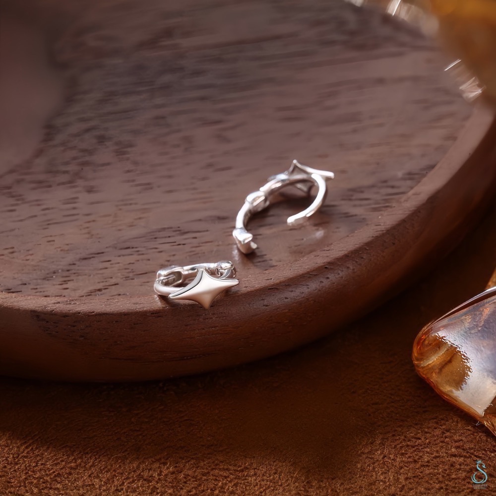 SUMMER 銀飾💫［999足銀］✨星芒耳扣耳環 耳骨環 四芒星純銀耳環 純銀飾品-細節圖7