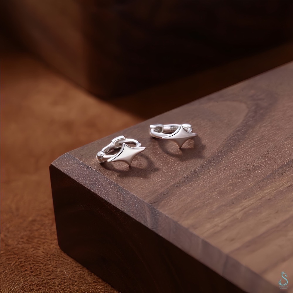 SUMMER 銀飾💫［999足銀］✨星芒耳扣耳環 耳骨環 四芒星純銀耳環 純銀飾品-細節圖9