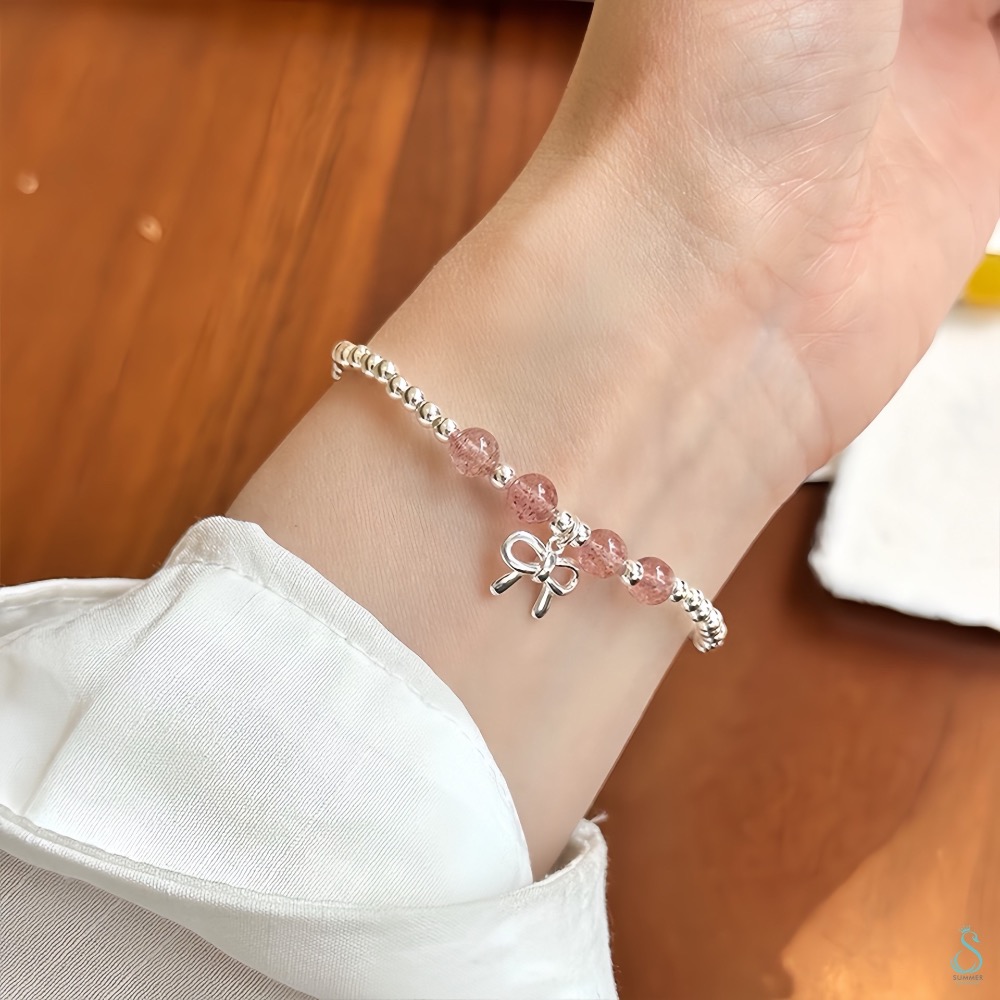 SUMMER 銀飾💫［925純銀］幸福愛情 天然草莓晶 銀珠蝴蝶結吊飾手鍊 純銀手鍊 純銀飾品 晶石能量手鏈-細節圖2
