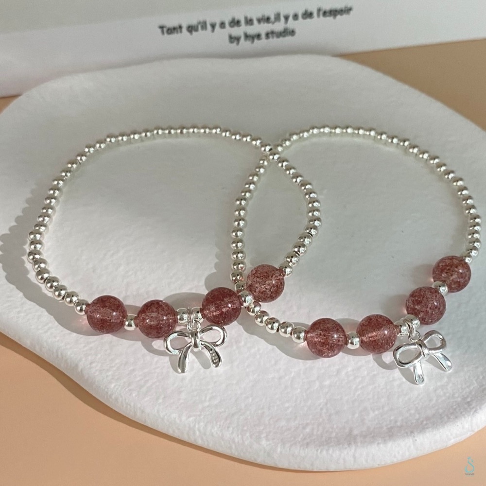 SUMMER 銀飾💫［925純銀］幸福愛情 天然草莓晶 銀珠蝴蝶結吊飾手鍊 純銀手鍊 純銀飾品 晶石能量手鏈-細節圖3