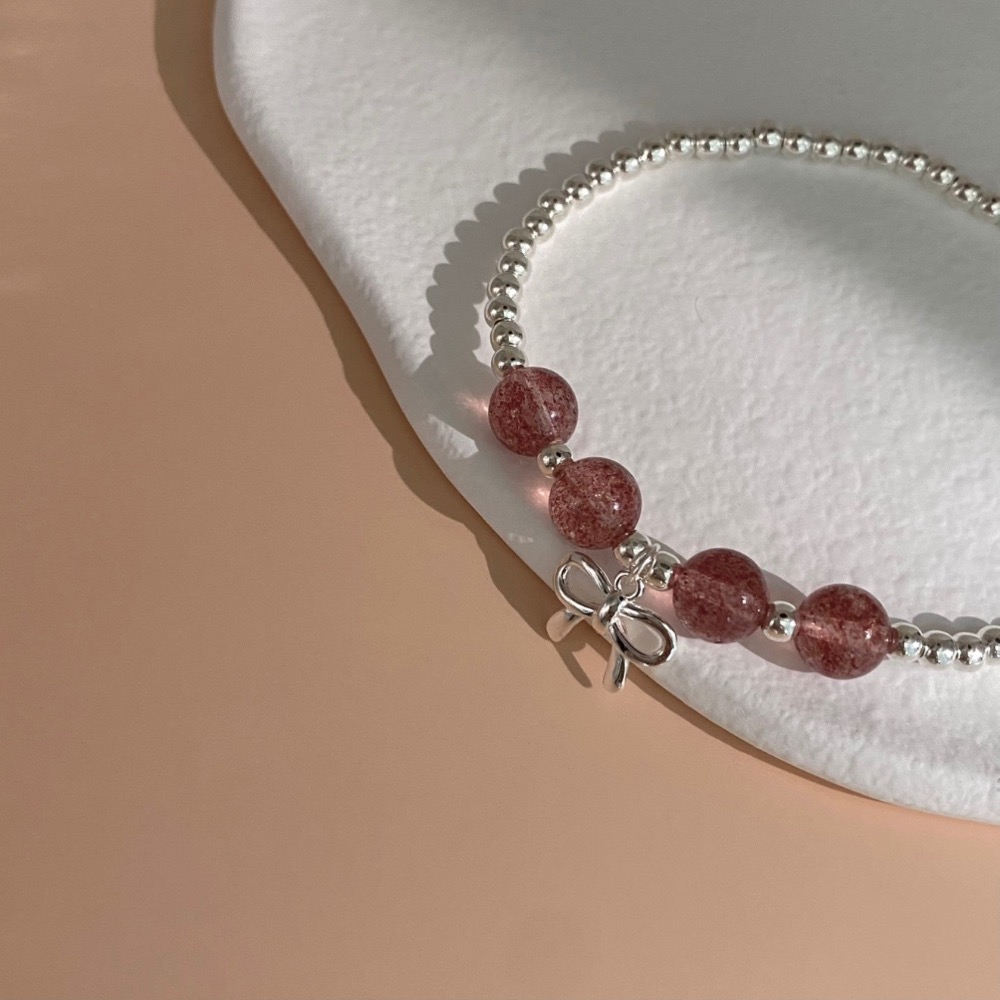 SUMMER 銀飾💫［925純銀］幸福愛情 天然草莓晶 銀珠蝴蝶結吊飾手鍊 純銀手鍊 純銀飾品 晶石能量手鏈-細節圖4