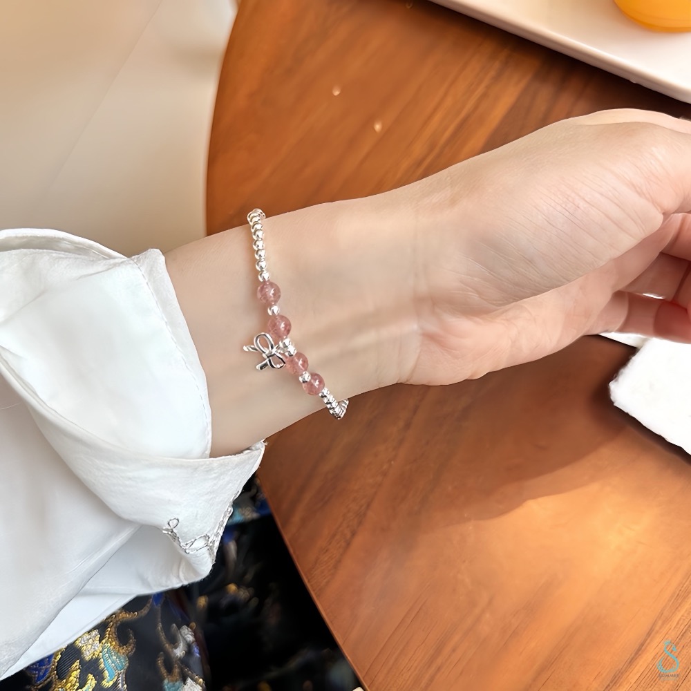 SUMMER 銀飾💫［925純銀］幸福愛情 天然草莓晶 銀珠蝴蝶結吊飾手鍊 純銀手鍊 純銀飾品 晶石能量手鏈-細節圖8