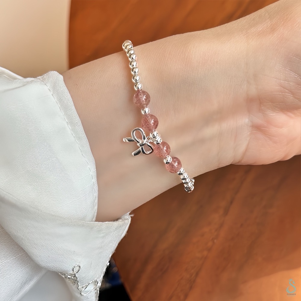 SUMMER 銀飾💫［925純銀］幸福愛情 天然草莓晶 銀珠蝴蝶結吊飾手鍊 純銀手鍊 純銀飾品 晶石能量手鏈-細節圖5