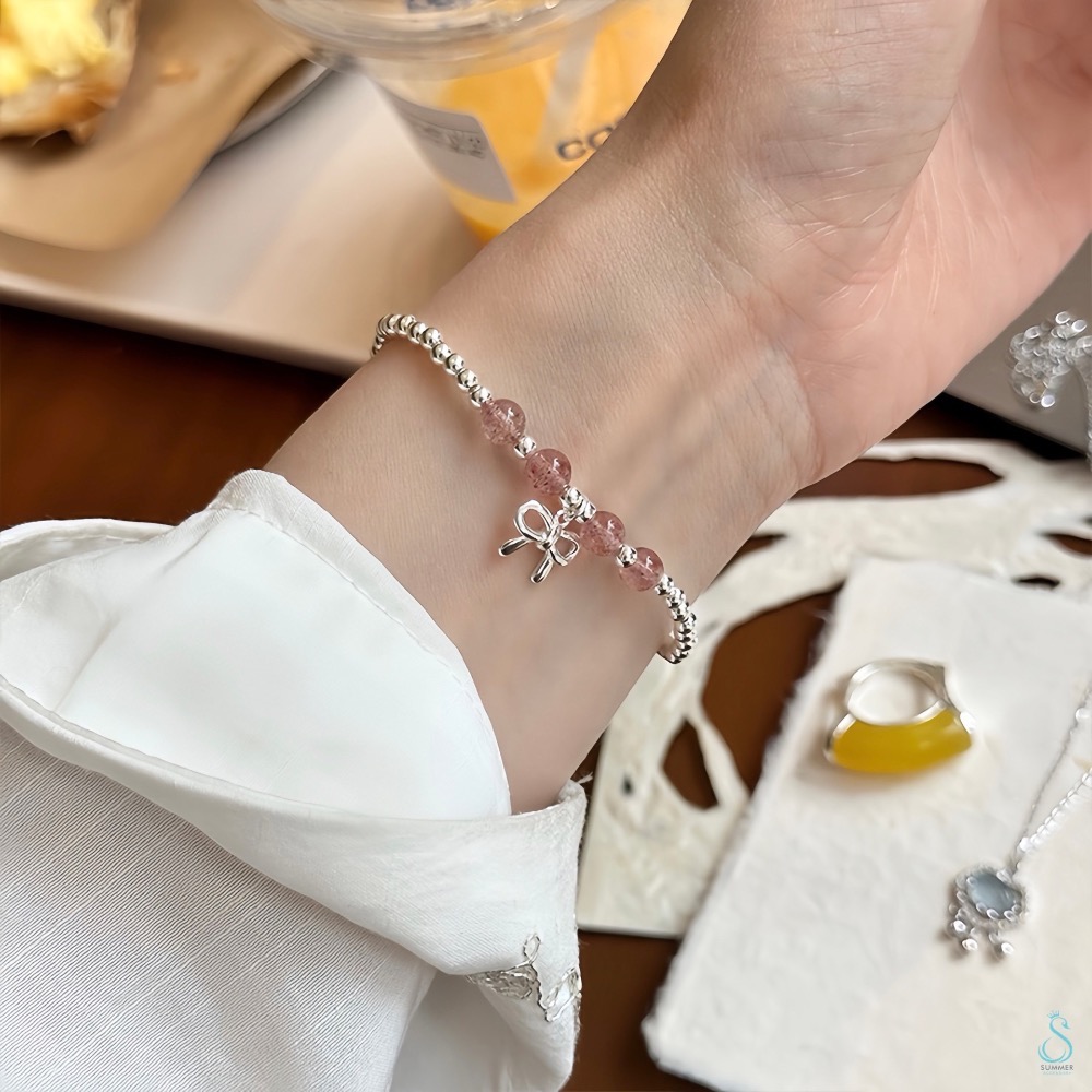 SUMMER 銀飾💫［925純銀］幸福愛情 天然草莓晶 銀珠蝴蝶結吊飾手鍊 純銀手鍊 純銀飾品 晶石能量手鏈-細節圖6