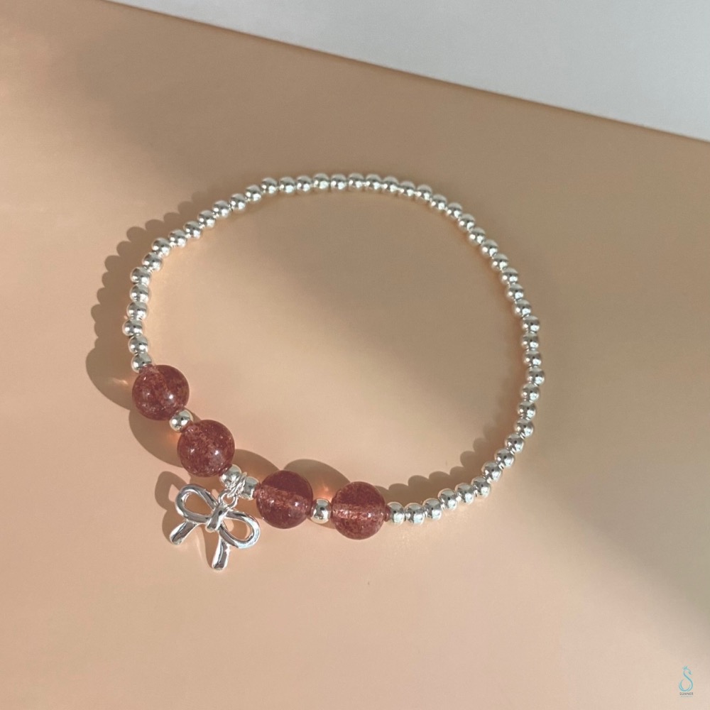 SUMMER 銀飾💫［925純銀］幸福愛情 天然草莓晶 銀珠蝴蝶結吊飾手鍊 純銀手鍊 純銀飾品 晶石能量手鏈-細節圖7