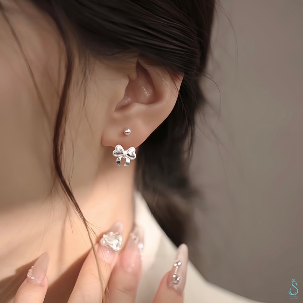 SUMMER 銀飾💫［999足銀］韓系甜美蝴蝶結轉珠耳環 鎖珠式耳環 純銀耳環 純銀飾品-細節圖2