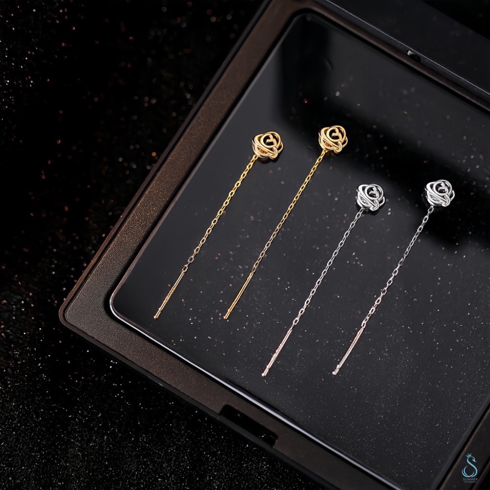 SUMMER 銀飾💫［999足銀］玫瑰花耳線 流蘇耳線耳環 純銀耳環 純銀飾品-細節圖2