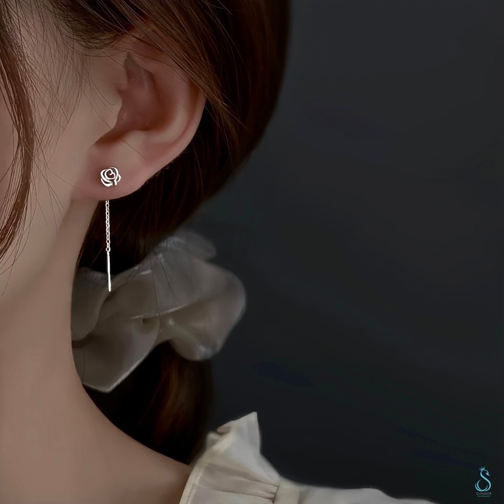 SUMMER 銀飾💫［999足銀］玫瑰花耳線 流蘇耳線耳環 純銀耳環 純銀飾品-細節圖3