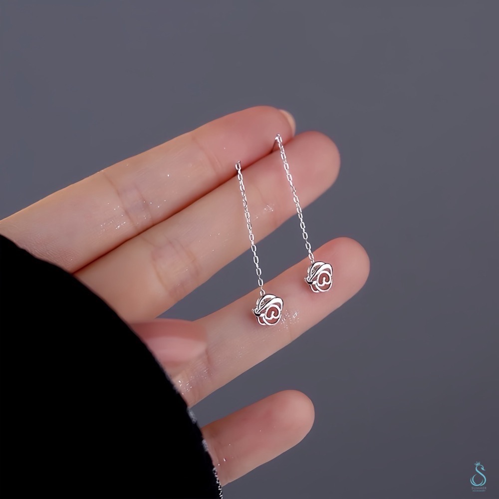 SUMMER 銀飾💫［999足銀］玫瑰花耳線 流蘇耳線耳環 純銀耳環 純銀飾品-細節圖5