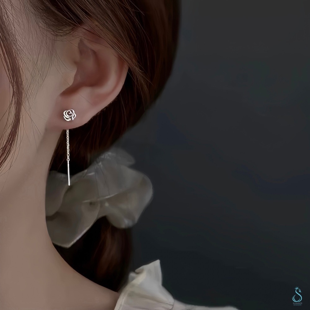 SUMMER 銀飾💫［999足銀］玫瑰花耳線 流蘇耳線耳環 純銀耳環 純銀飾品-細節圖6