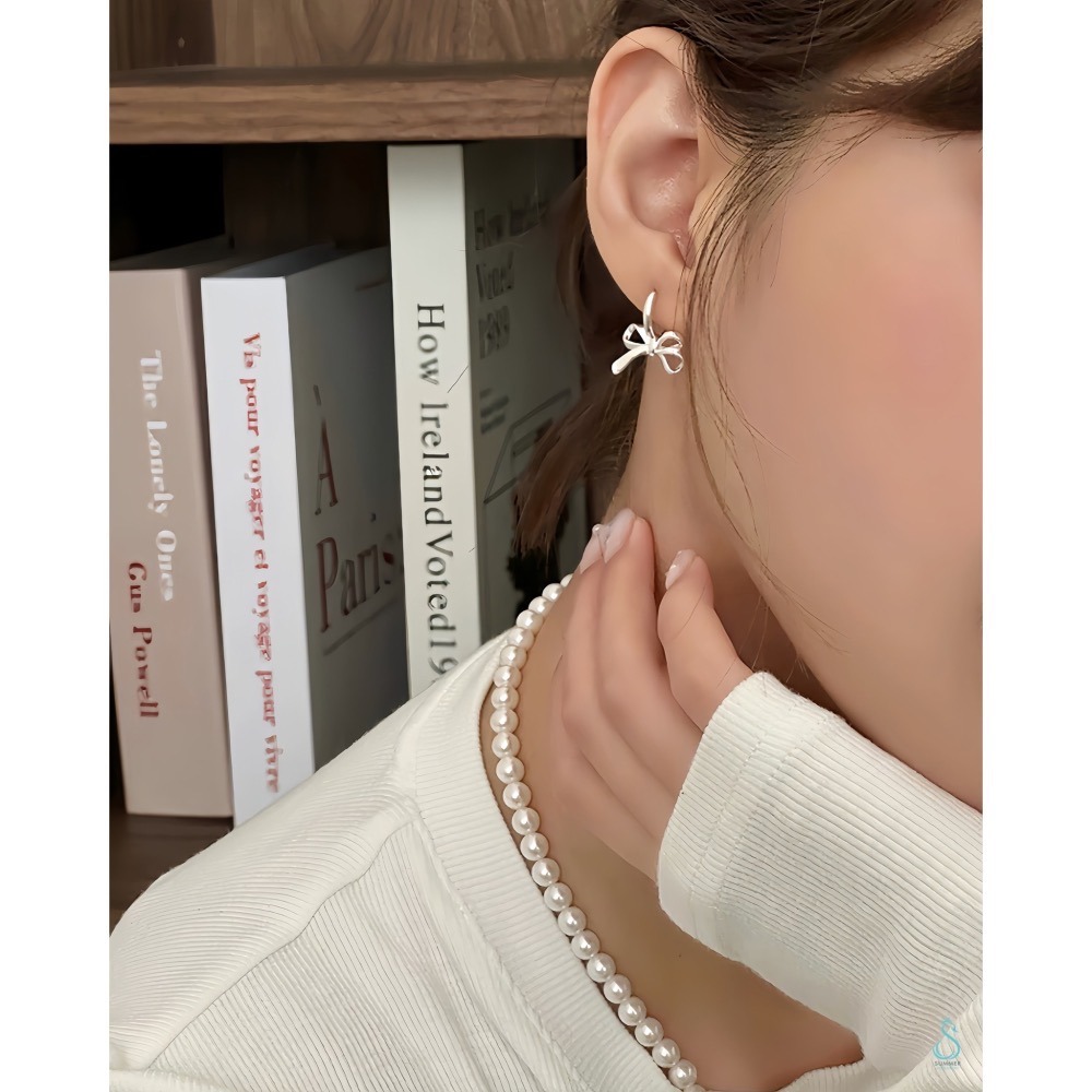 SUMMER韓 銀飾💫［925純銀］韓式絲帶蝴蝶結 🎀蝴蝶結耳環 耳扣耳環 純銀耳環 純銀飾品-細節圖4