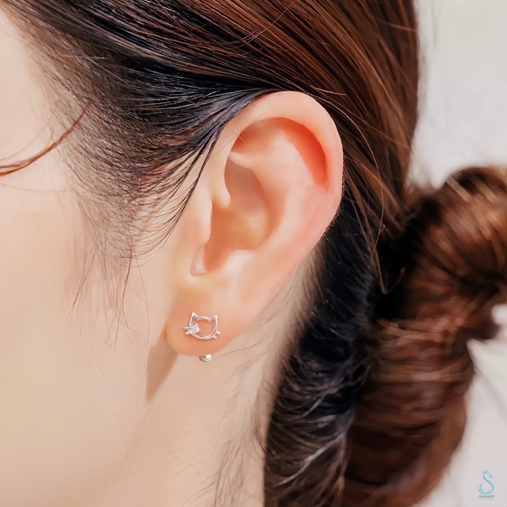 SUMMER 銀飾💫［999足銀］可愛貓咪轉珠耳環 貓咪造型 鎖珠式耳環 純銀耳環 純銀飾品-細節圖3