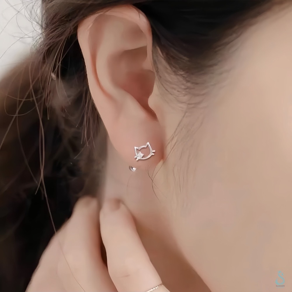 SUMMER 銀飾💫［999足銀］可愛貓咪轉珠耳環 貓咪造型 鎖珠式耳環 純銀耳環 純銀飾品-細節圖7