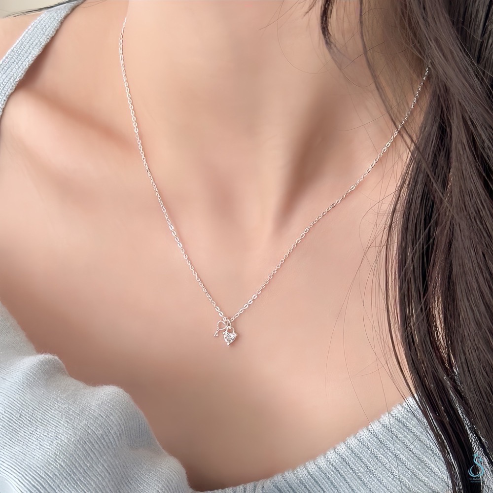 SUMMER 銀飾💫［999足銀］心鎖 心型鑽項鏈 純銀項鍊 愛心項鏈 純銀飾品-細節圖4