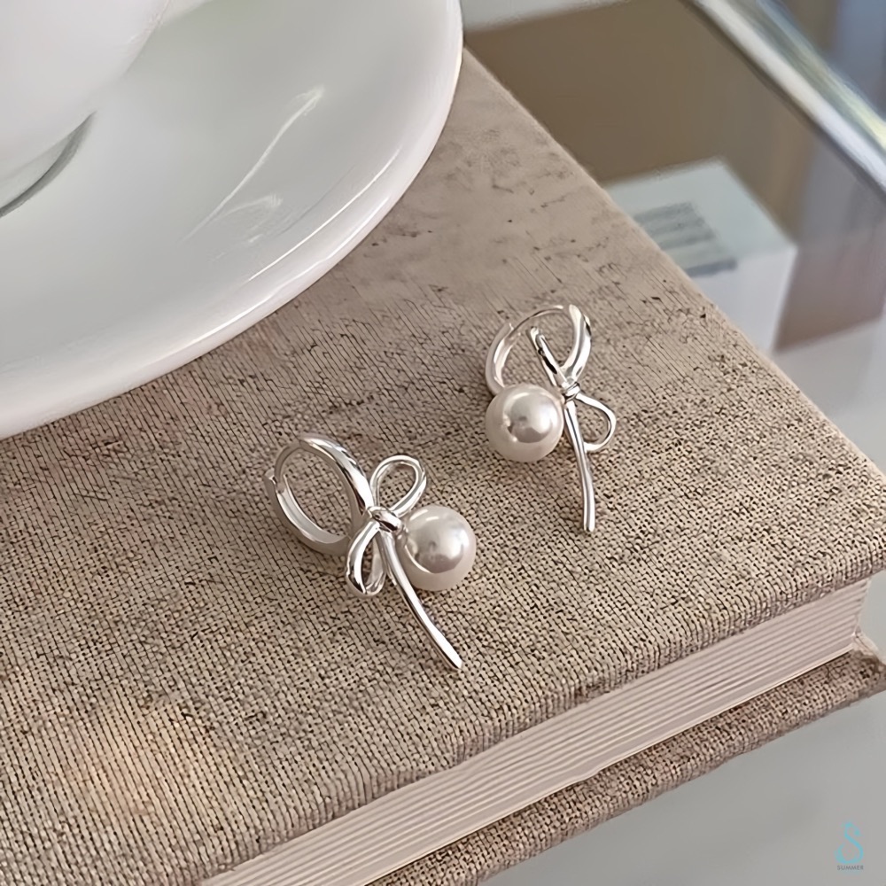 SUMMER 銀飾💫［925純銀］蝴蝶結珍珠耳環 「嚴選高端質量版非市售輕量版」耳扣耳環 純銀耳環 純銀飾品-細節圖6