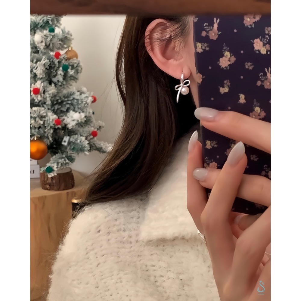 SUMMER 銀飾💫［925純銀］蝴蝶結珍珠耳環 「嚴選高端質量版非市售輕量版」耳扣耳環 純銀耳環 純銀飾品-細節圖7