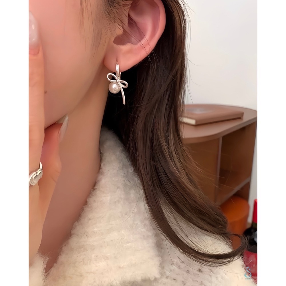 SUMMER 銀飾💫［925純銀］蝴蝶結珍珠耳環 「嚴選高端質量版非市售輕量版」耳扣耳環 純銀耳環 純銀飾品-細節圖8
