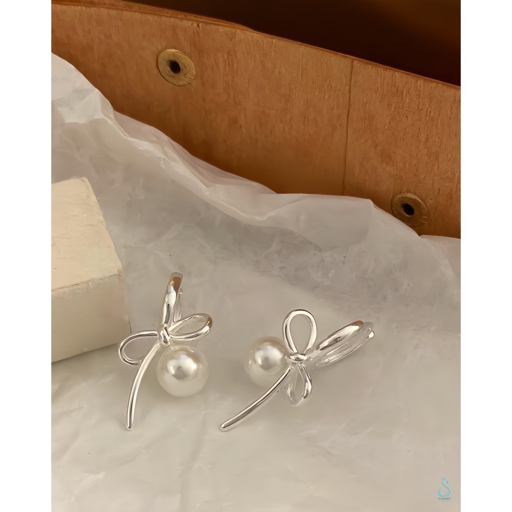 SUMMER 銀飾💫［925純銀］蝴蝶結珍珠耳環 「嚴選高端質量版非市售輕量版」耳扣耳環 純銀耳環 純銀飾品-細節圖9