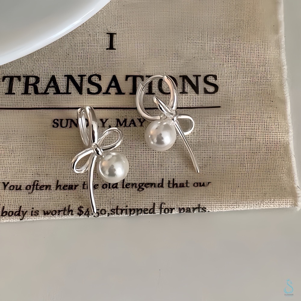 SUMMER 銀飾💫［925純銀］蝴蝶結珍珠耳環 「嚴選高端質量版非市售輕量版」耳扣耳環 純銀耳環 純銀飾品-細節圖4