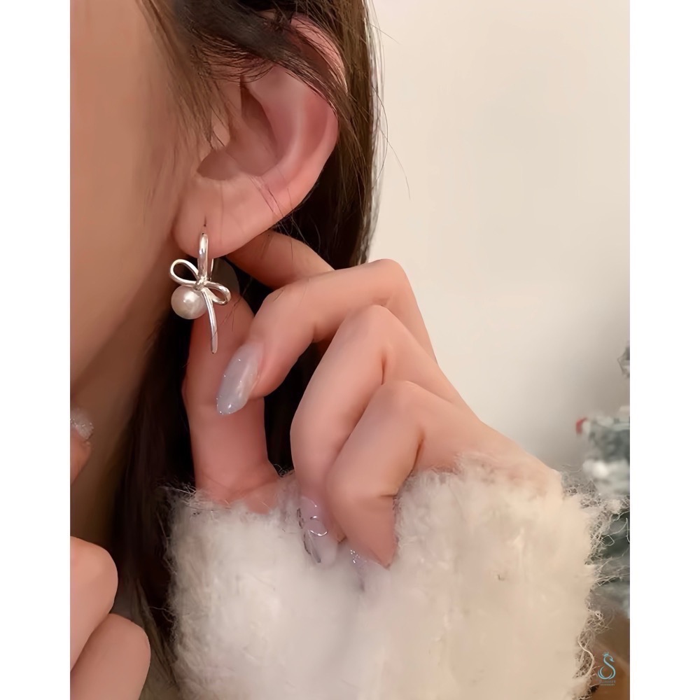 SUMMER 銀飾💫［925純銀］蝴蝶結珍珠耳環 「嚴選高端質量版非市售輕量版」耳扣耳環 純銀耳環 純銀飾品-細節圖5