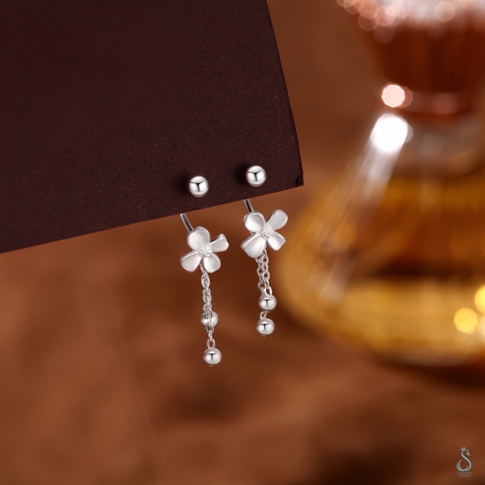 SUMMER 銀飾💫［999足銀］梔子花C型流蘇 轉珠耳環 鎖珠式耳環 純銀耳環 純銀飾品-細節圖2
