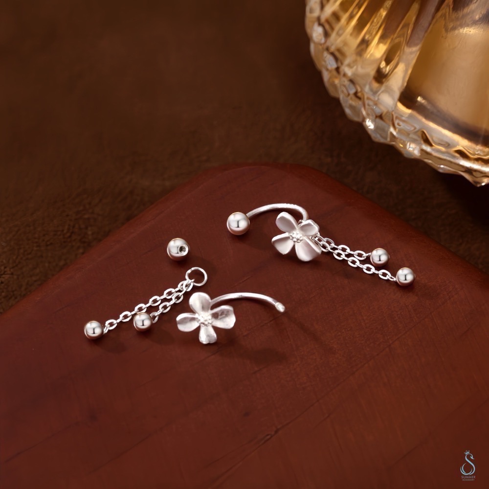 SUMMER 銀飾💫［999足銀］梔子花C型流蘇 轉珠耳環 鎖珠式耳環 純銀耳環 純銀飾品-細節圖4