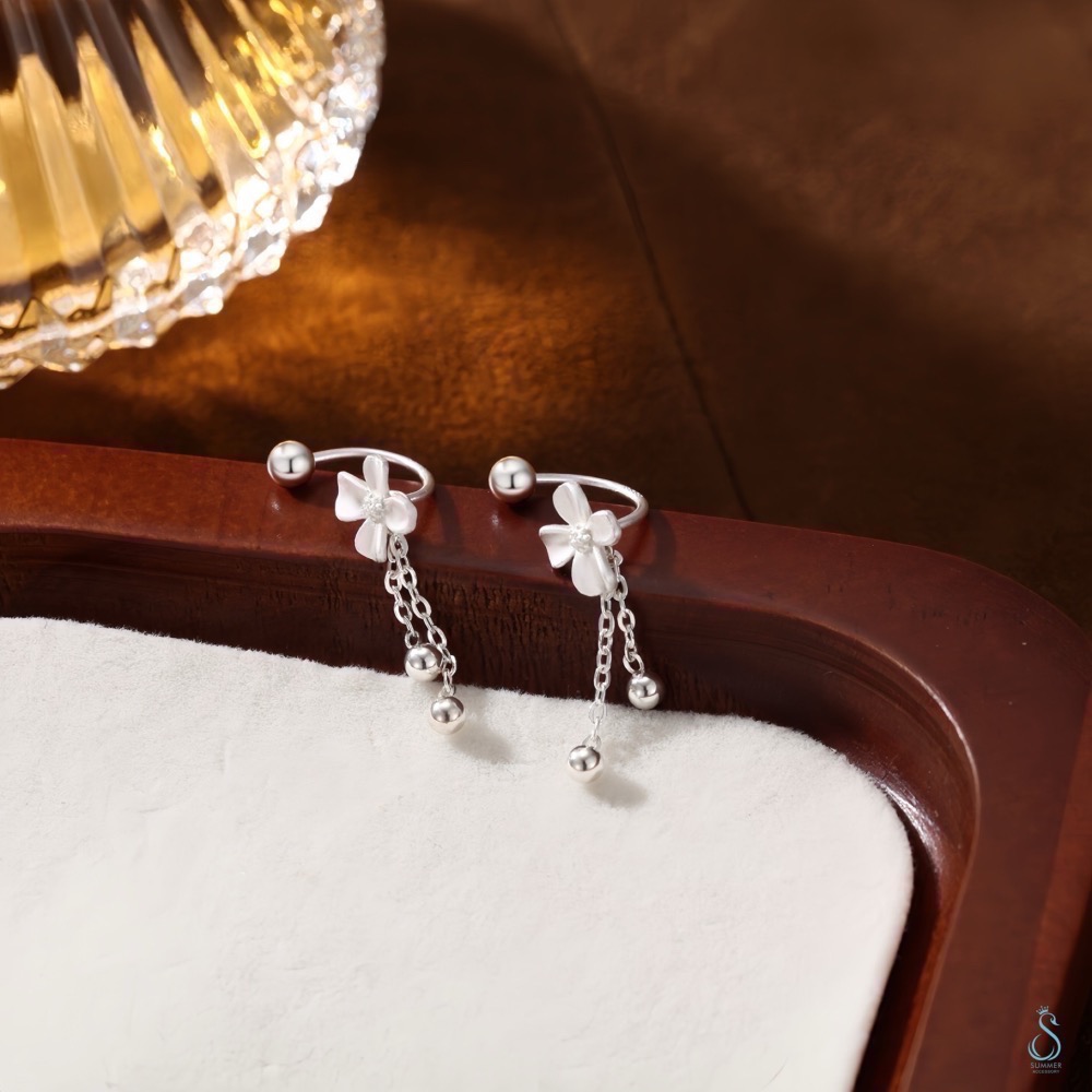 SUMMER 銀飾💫［999足銀］梔子花C型流蘇 轉珠耳環 鎖珠式耳環 純銀耳環 純銀飾品-細節圖5