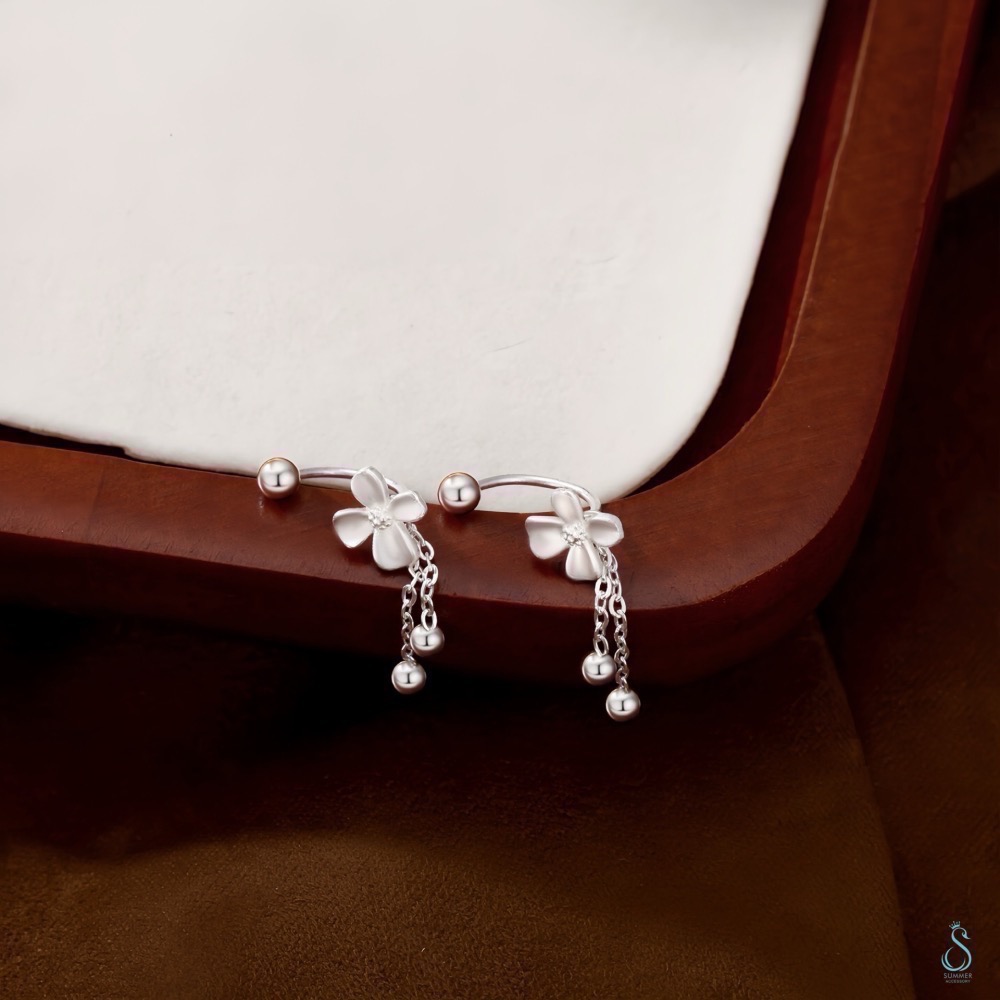 SUMMER 銀飾💫［999足銀］梔子花C型流蘇 轉珠耳環 鎖珠式耳環 純銀耳環 純銀飾品-細節圖7
