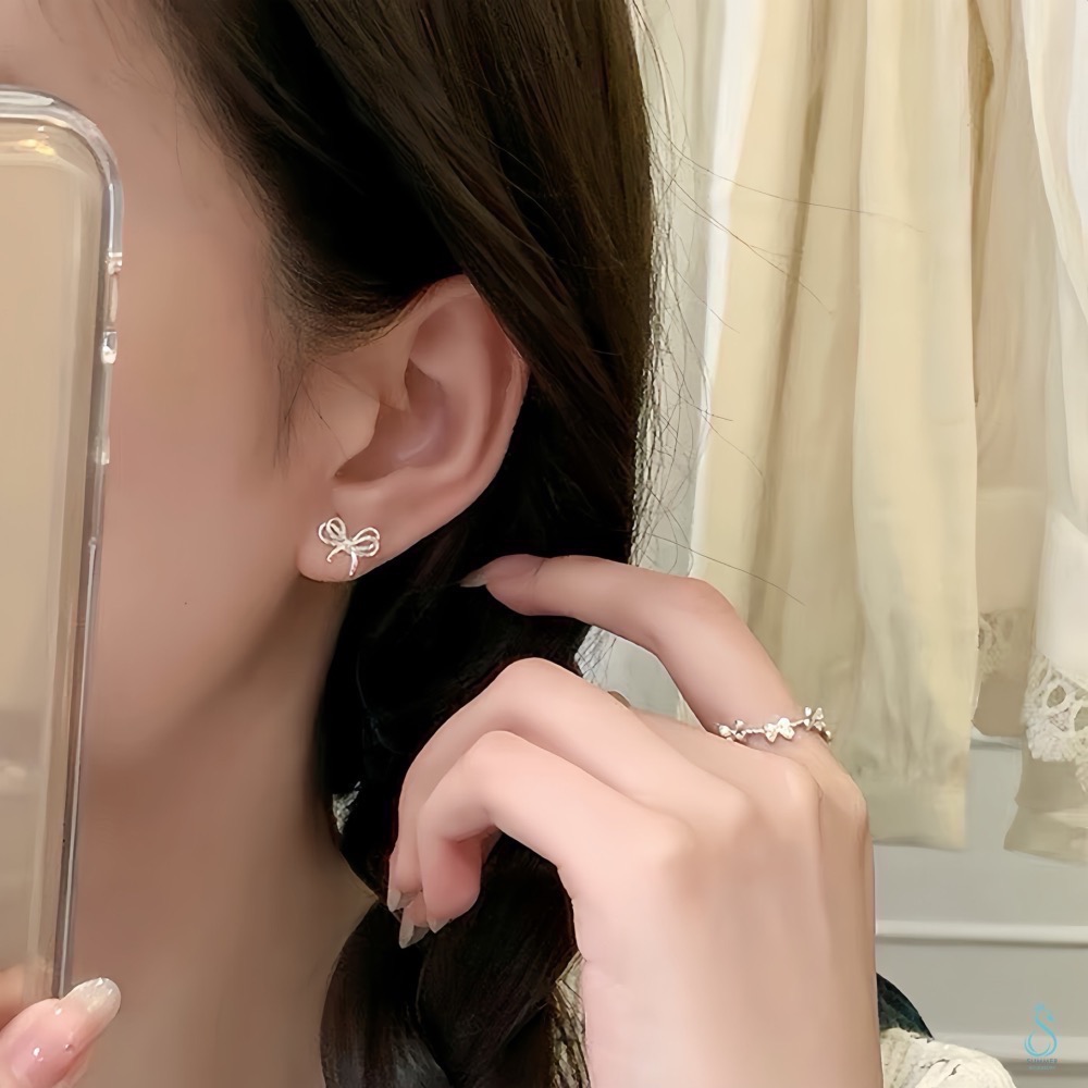 SUMMER韓 銀飾💫［925純銀］韓系層次蝴蝶結套組 純銀耳環 純銀項鏈 純銀戒指 純銀飾品-細節圖6