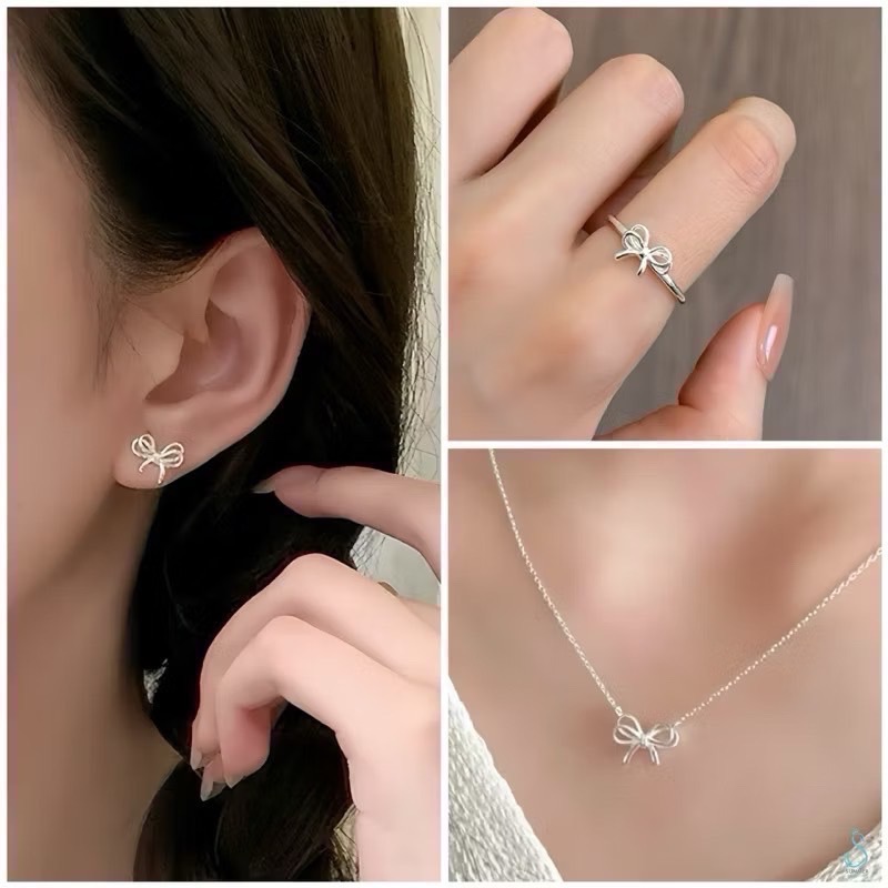 SUMMER韓 銀飾💫［925純銀］韓系層次蝴蝶結套組 純銀耳環 純銀項鏈 純銀戒指 純銀飾品-細節圖3