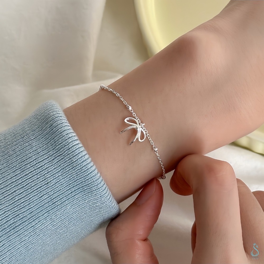 SUMMER 銀飾💫［925純銀］簡約蝴蝶結手鏈 純銀手鍊 蝴蝶結手鏈 純銀飾品-細節圖2