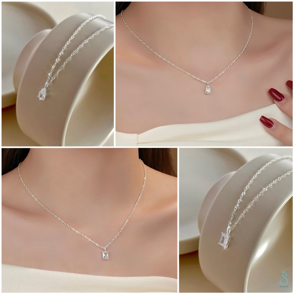SUMMER 銀飾💫［925純銀］輕奢時尚 方鑽水波紋項鏈 水滴鑽波紋項鏈 純銀項鏈 純銀飾品-細節圖3